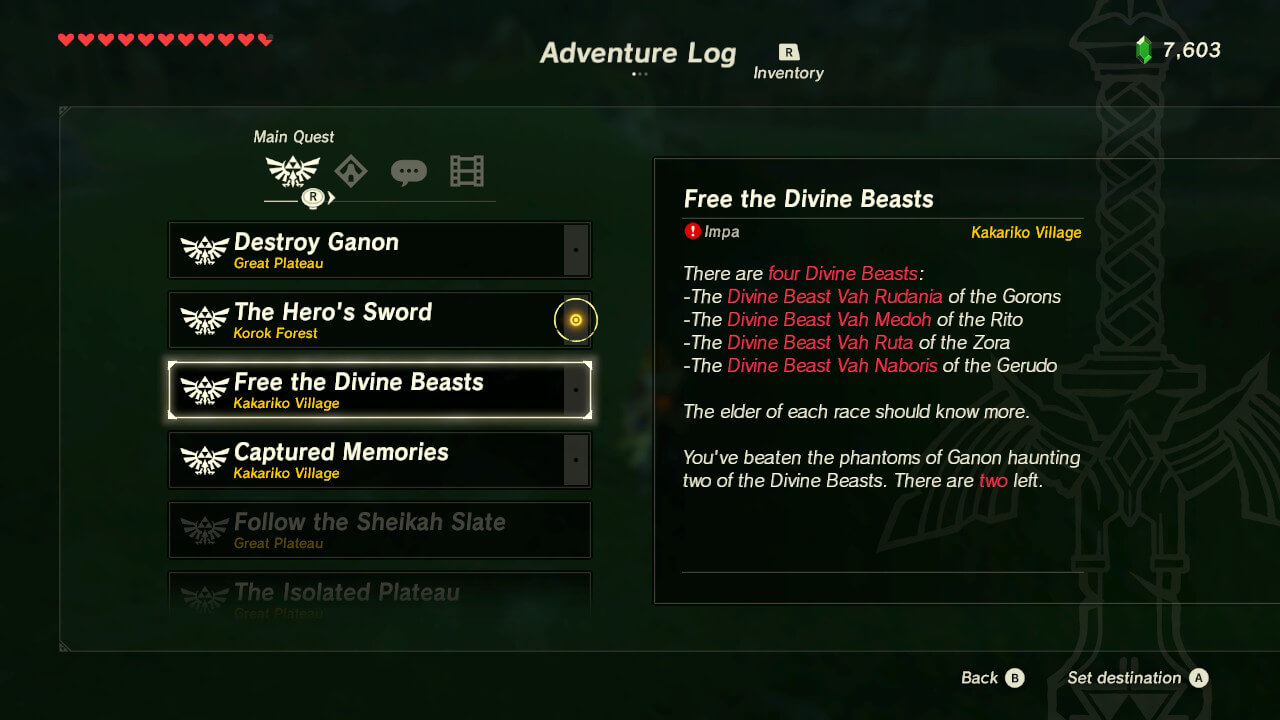 Adventure Log in Legend of Zelda