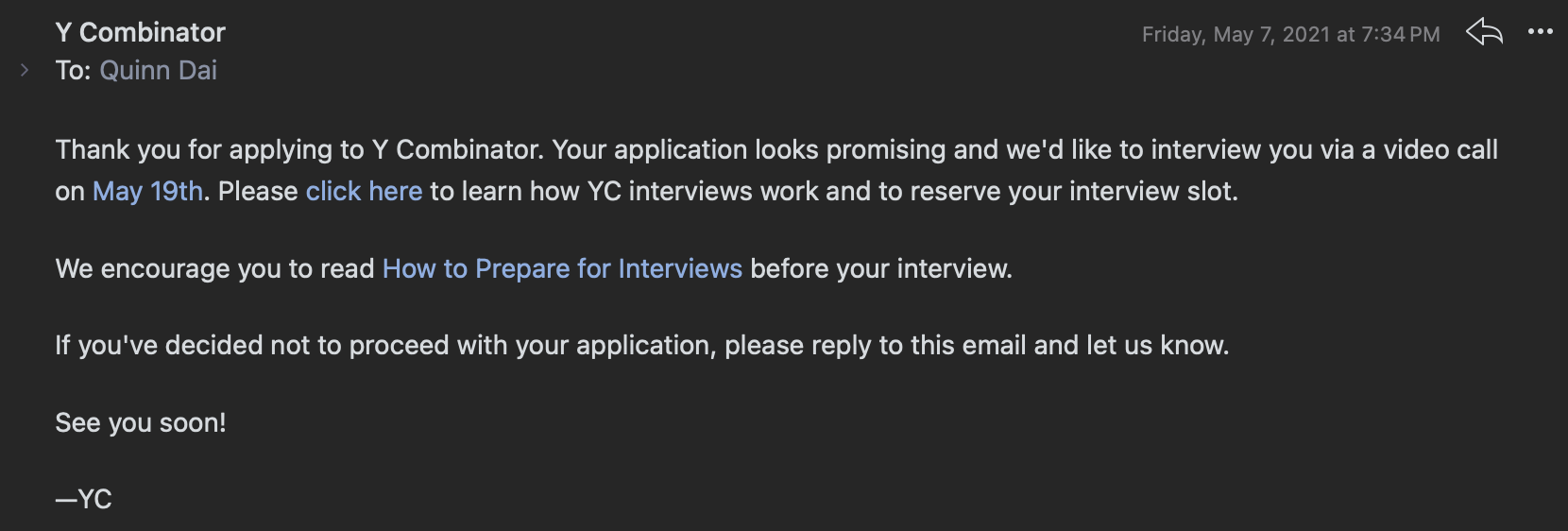The interview invitation from YC